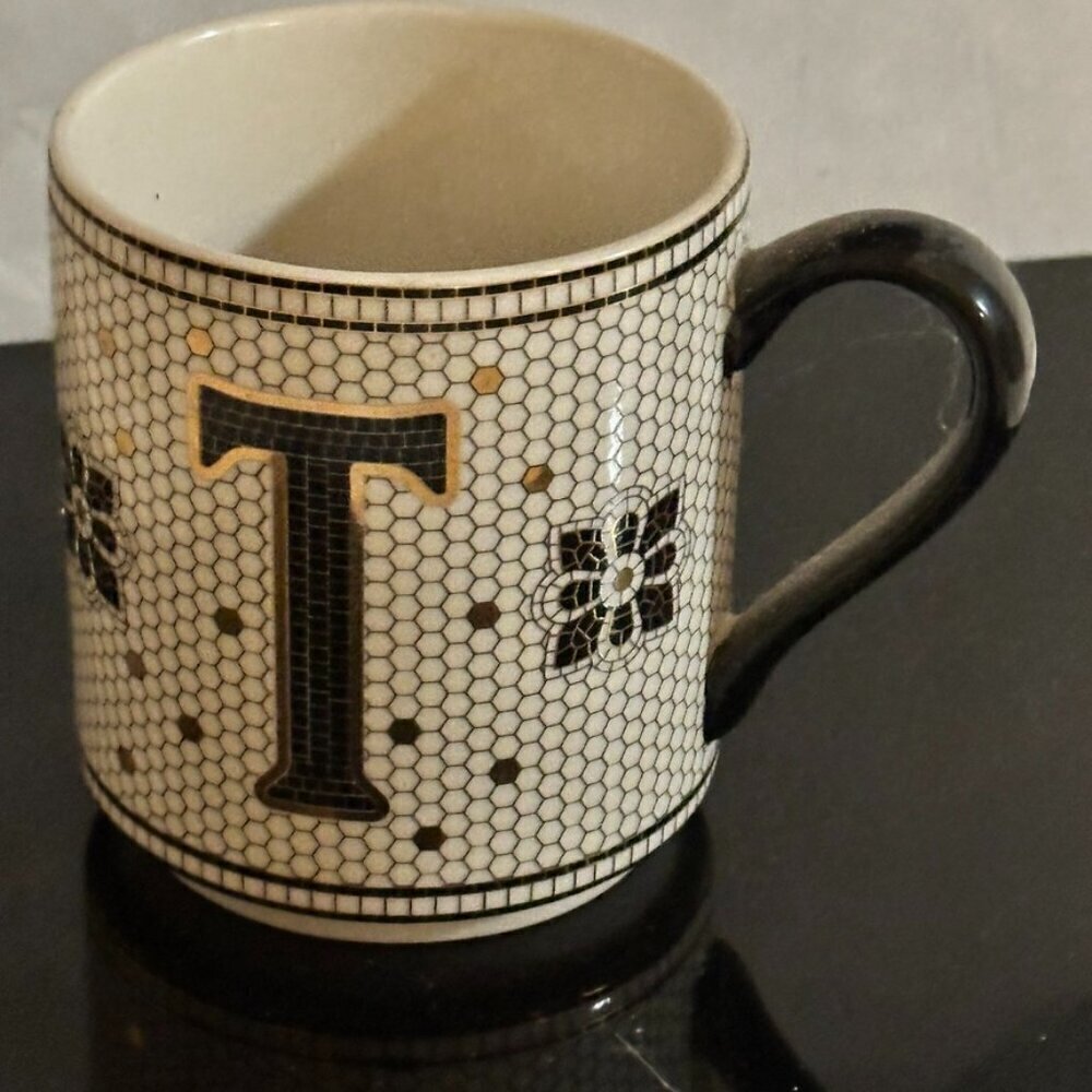 Anthropologie Coffee Mug T , NWT Floral Gold Beehive "T", Gift for Home, Friend